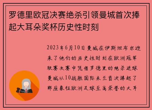 罗德里欧冠决赛绝杀引领曼城首次捧起大耳朵奖杯历史性时刻