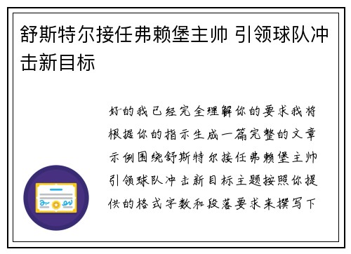 舒斯特尔接任弗赖堡主帅 引领球队冲击新目标